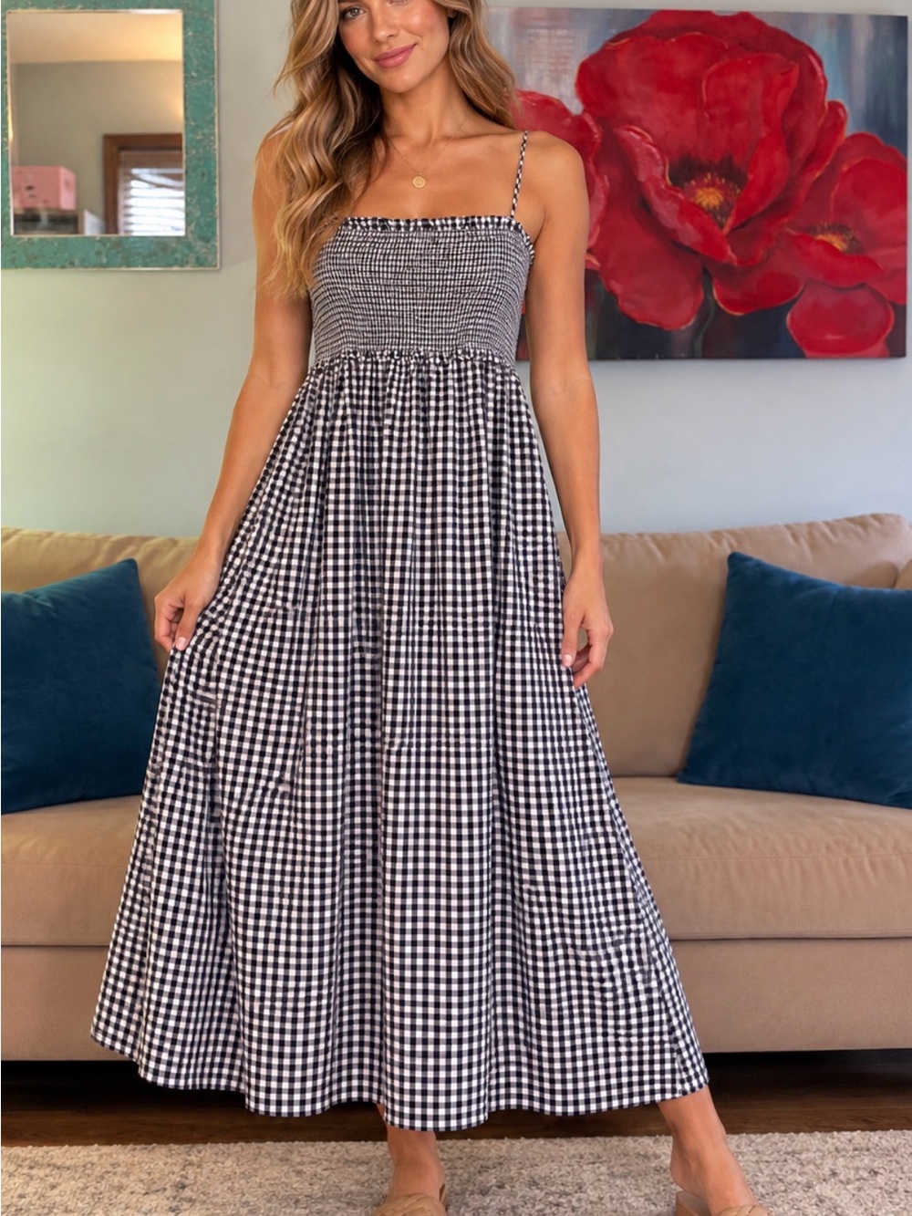 J.CREW Blue/White Gingham Smocked Strappy Square Neck Maxi Dress XL AY868